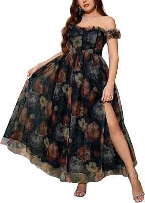 Women's Plus Size Formal Party Cocktail Dress, Wedding Guest Evening Gown with Slit - Off Shoulder Floral Tulle Maxi Dress