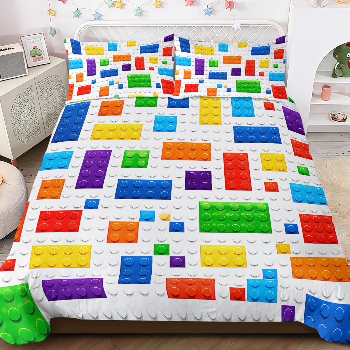 BlessLiving Building Block Bedding Set for Kids Boys Colorful Toy Bed Set 3 Piece Teens Fun Cartoon Geometric Modern Double Size Comforter Cover Sets Playroom Bedroom Decor (White) — image 1