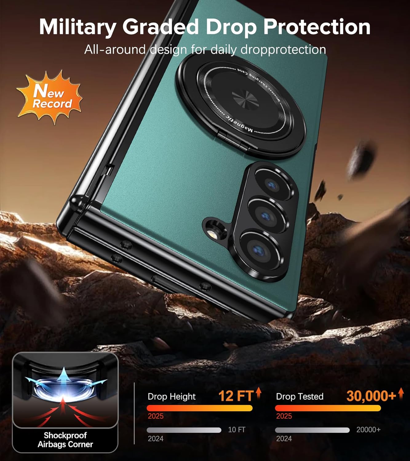 for Samsung Galaxy Z Fold 5 Case with Screen Protector, Hinge Protection Phone Case for Z Fold 5, with Mag-Safe, 360° Rotating Ring Holder, Hard PC Shockproof Full Body Protective Cover (Green)