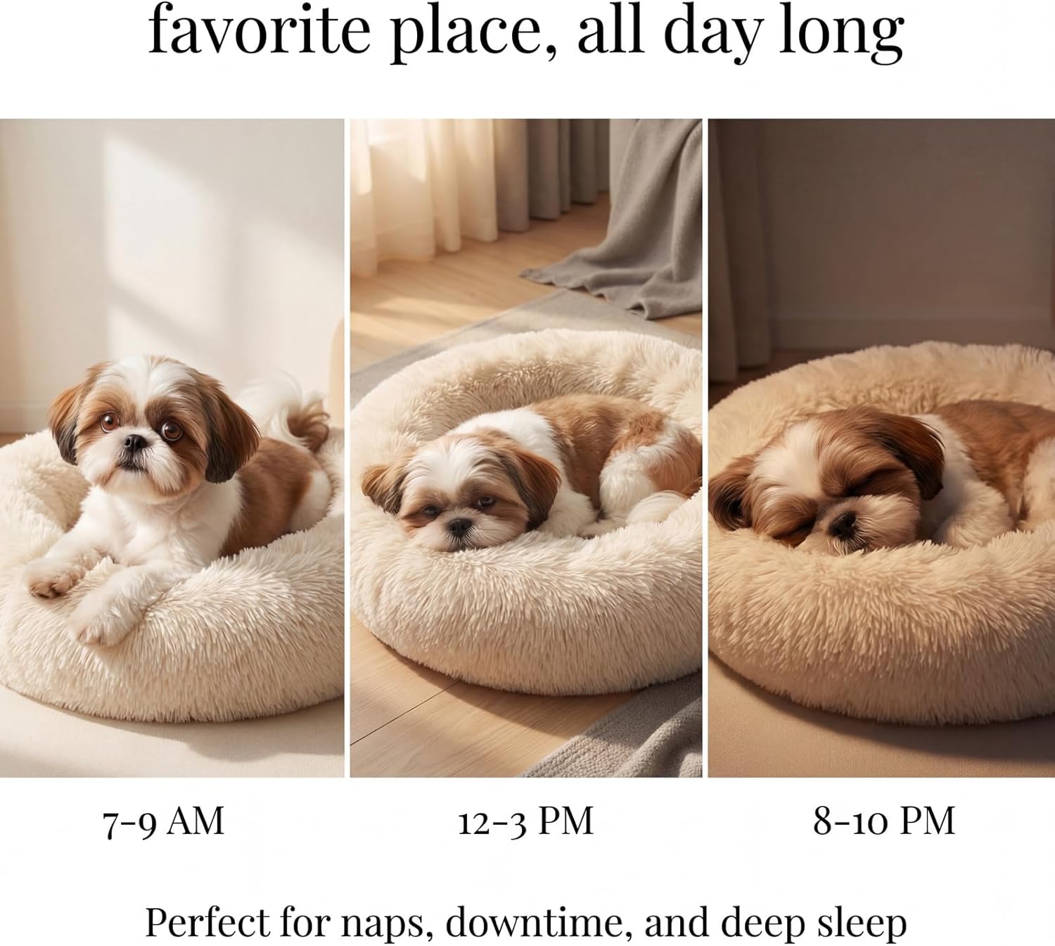 Calming Donut Dogs Beds for Small Dogs Washable,23inch Plush Round Pet Bed for Cozy Sleep,Fluffy Faux Fur Large Cat Bed,Fits up to 25 lbs Pets,Beige
