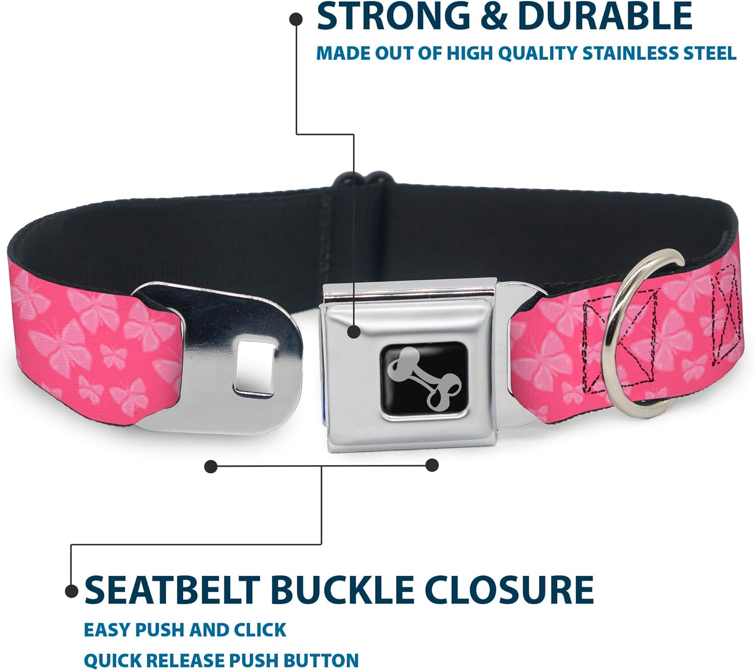 Dog Collar Seatbelt Buckle Butterflies Pink 9 to 15 Inches 1.0 Inch Wide