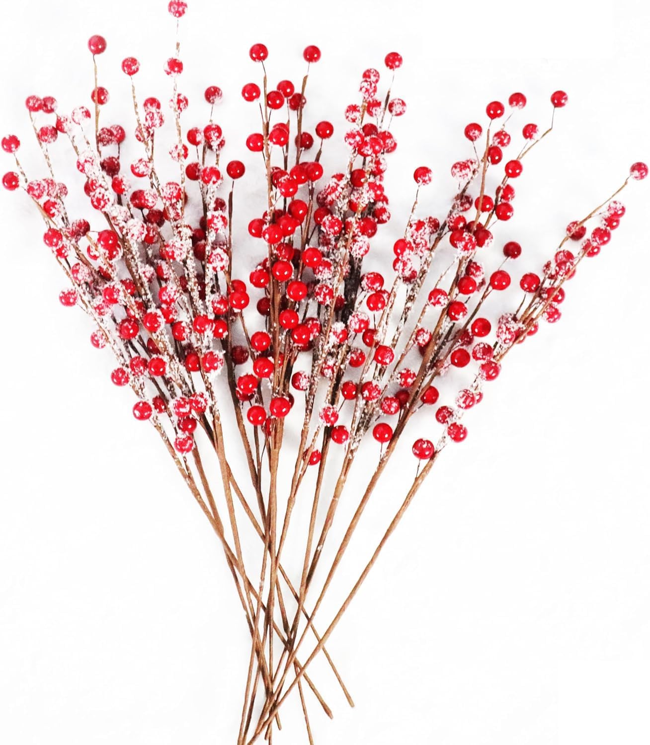 Fvawe 12 Pcs Artificial Snow Red Berry Stems 17 Inch, Christmas Snowy Red Frosted Holly Berries Picks Sprays Branches for DIY Winter Holiday Floral Decor