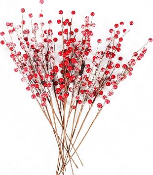 Fvawe 12 Pcs Artificial Snow Red Berry Stems 17 Inch, Christmas Snowy Red Frosted Holly Berries Picks Sprays Branches for DIY Winter Holiday Floral Decor