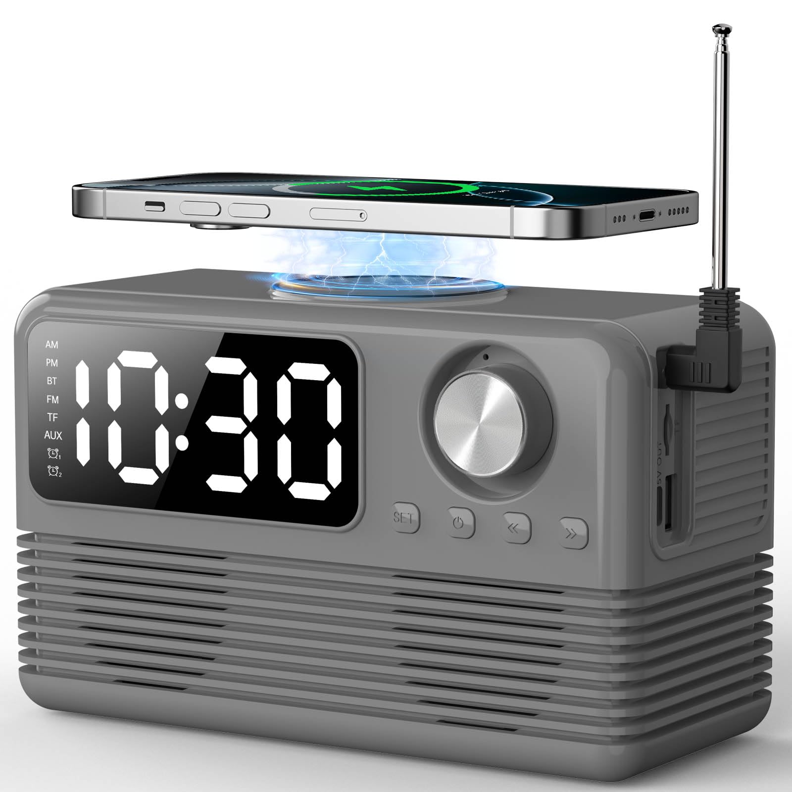Chargeur sans fil rapide 15 W avec haut-parleur Bluetooth et radio réveil, station de charge sans fil 4 en 1 pour iPhone, téléphones Android avec radio FM pour chambre