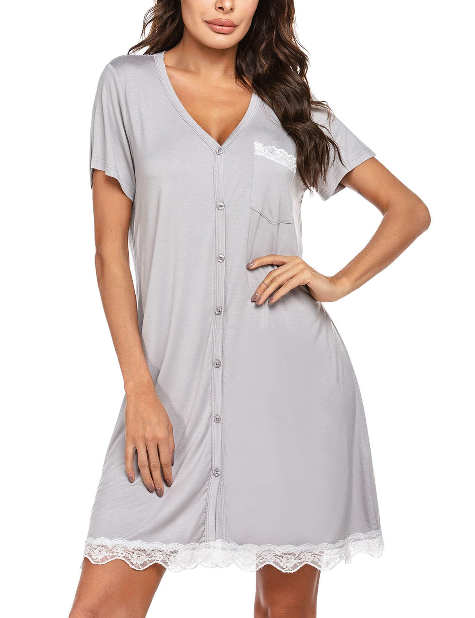 Ekouaer Camicia da Notte Allattamento Donna Maniche Corte Pigiama Sexy Premaman Nightdress Bottoni Pizzo, S-XXL