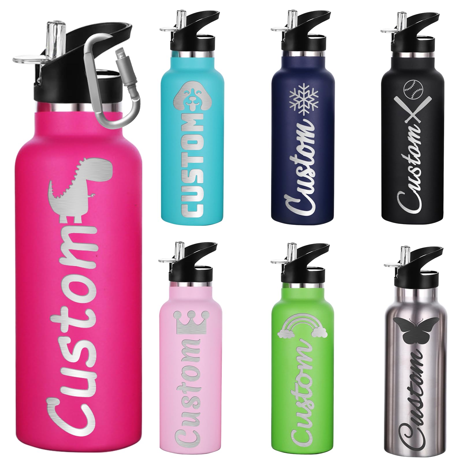 Custom Water Bottles, Personalised Sports Water Bottles with Straw Lid and Handle, Engraved Name Customized Water Bottle Leak Proof Vacuum Stainless Steel for Camping, Office (26oz)