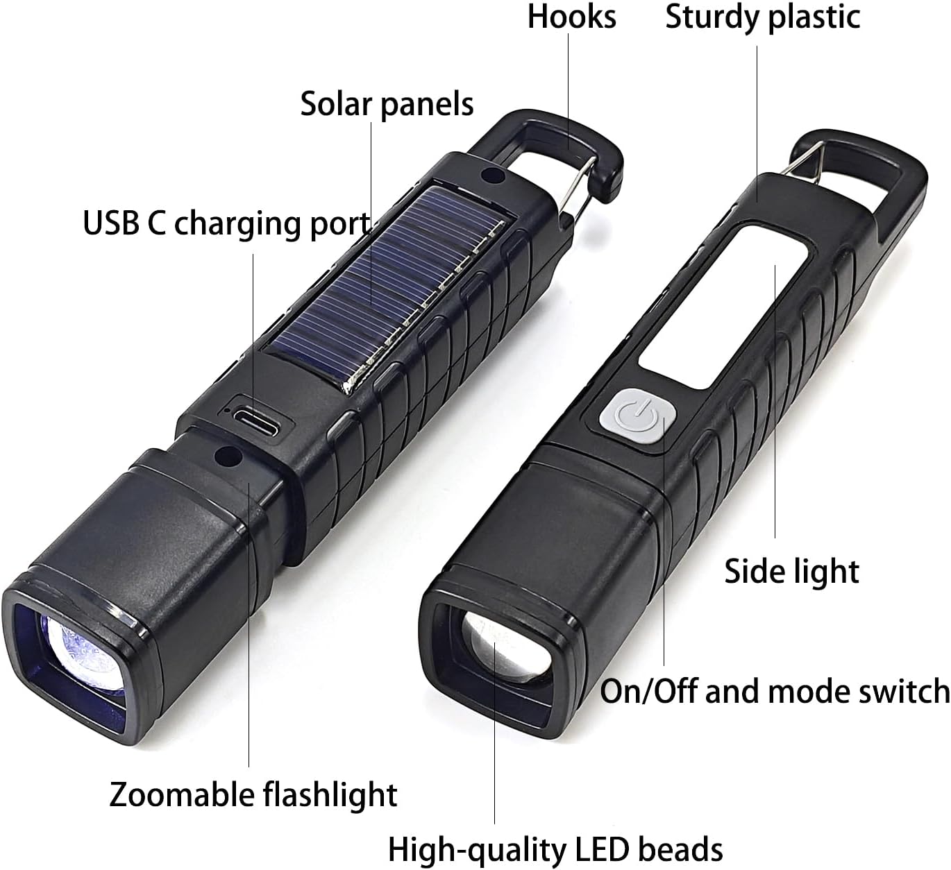 2 Pack Solar Flashlight, Rechargeable Zoomable LED Flashlight, High Lumens Solar Powered Flashlights with Tail Hook Rechargeable Handheld Flashlights for Home Emergency Camping Hiking