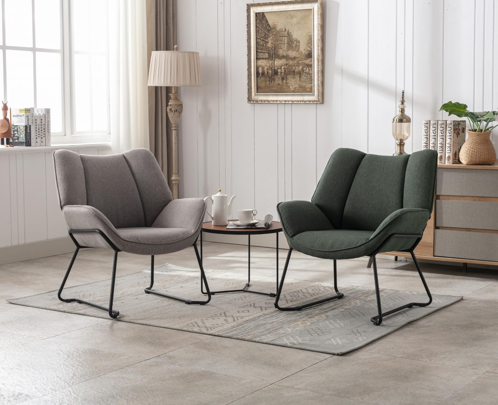 chairus Leinen Loungesessel für Wohnzimmer Balkon Modern Gepolstert Polsterstuhl Relaxsessel mit Metallbeinen (Grün)