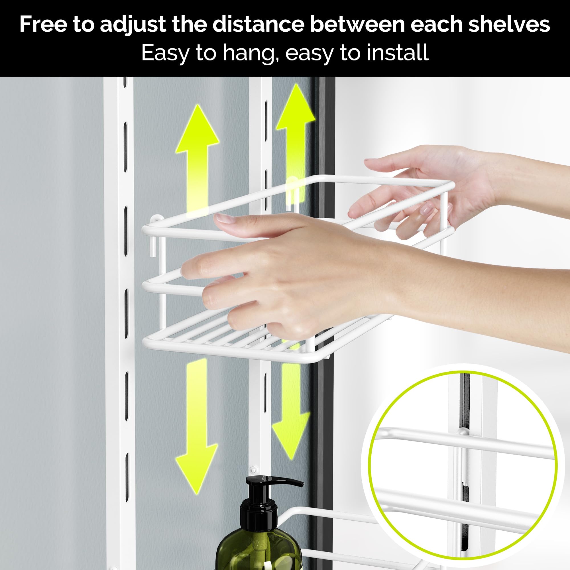 Orimade Mensola portaoggetti da appendere alla porta della doccia, regolabile, 5 ripiani, da appendere al bagno, antiruggine, con 4 ganci, cestino per doccia con portasapone e ventosa, bianco
