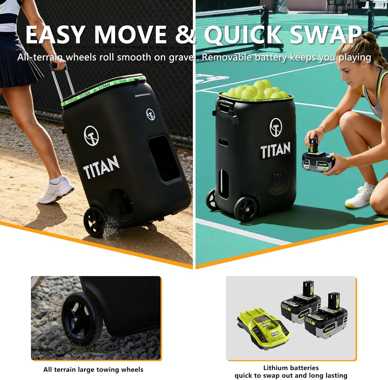 Titan ONE Pickleball Machine with Internal Oscillation & Free App | for Coaches, Clubs & Solo Practice, 85 to 240 Ball Capacity, Portable with Trolley Handle