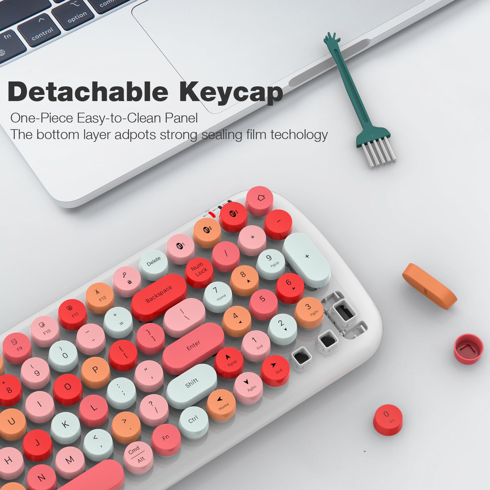 KNOWSQT Tastiera Bluetooth per computer, bianca, wireless, stile tipo macchina da scrivere, 100 tasti rotondi, compatibile con Windows, laptop, PC, tablet, iPad, iPhone e Chrome
