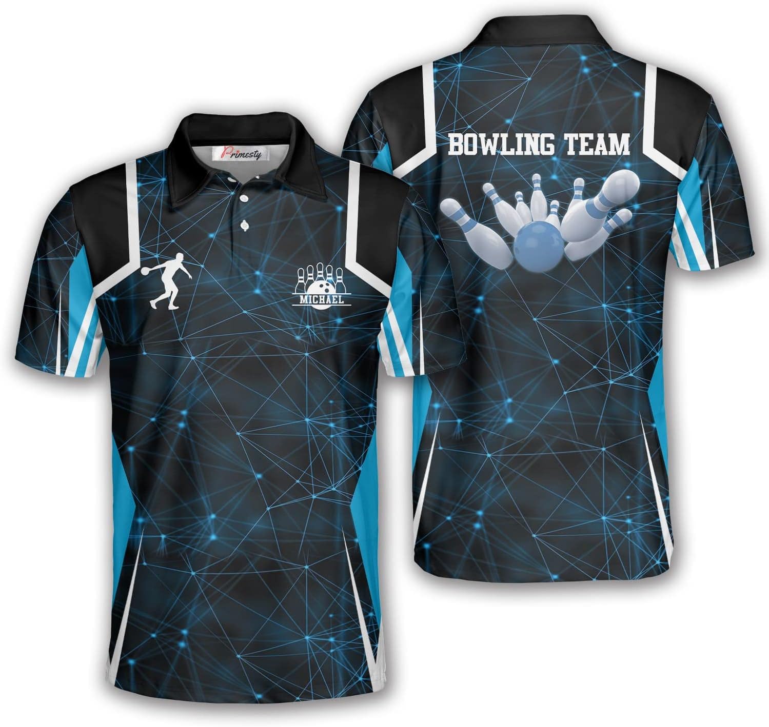 PRIMESTY Personalized Bowling Shirts for Men Custom Name and Team Name Bowling Polo Shirts Bowling Jerseys Size S-5XL