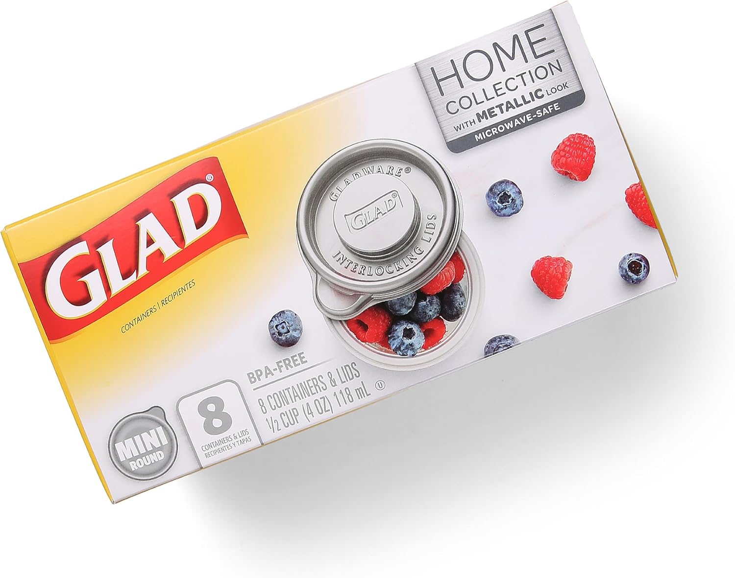 Glad GladWare Home Collection Mini Round Food Storage Containers, Small BPA Free Plastic with Silver Metallic Lid, Snack and Portion Control Containers, Microwave Dishwasher Safe, 4 Oz, 8 Ct - 12 Pk