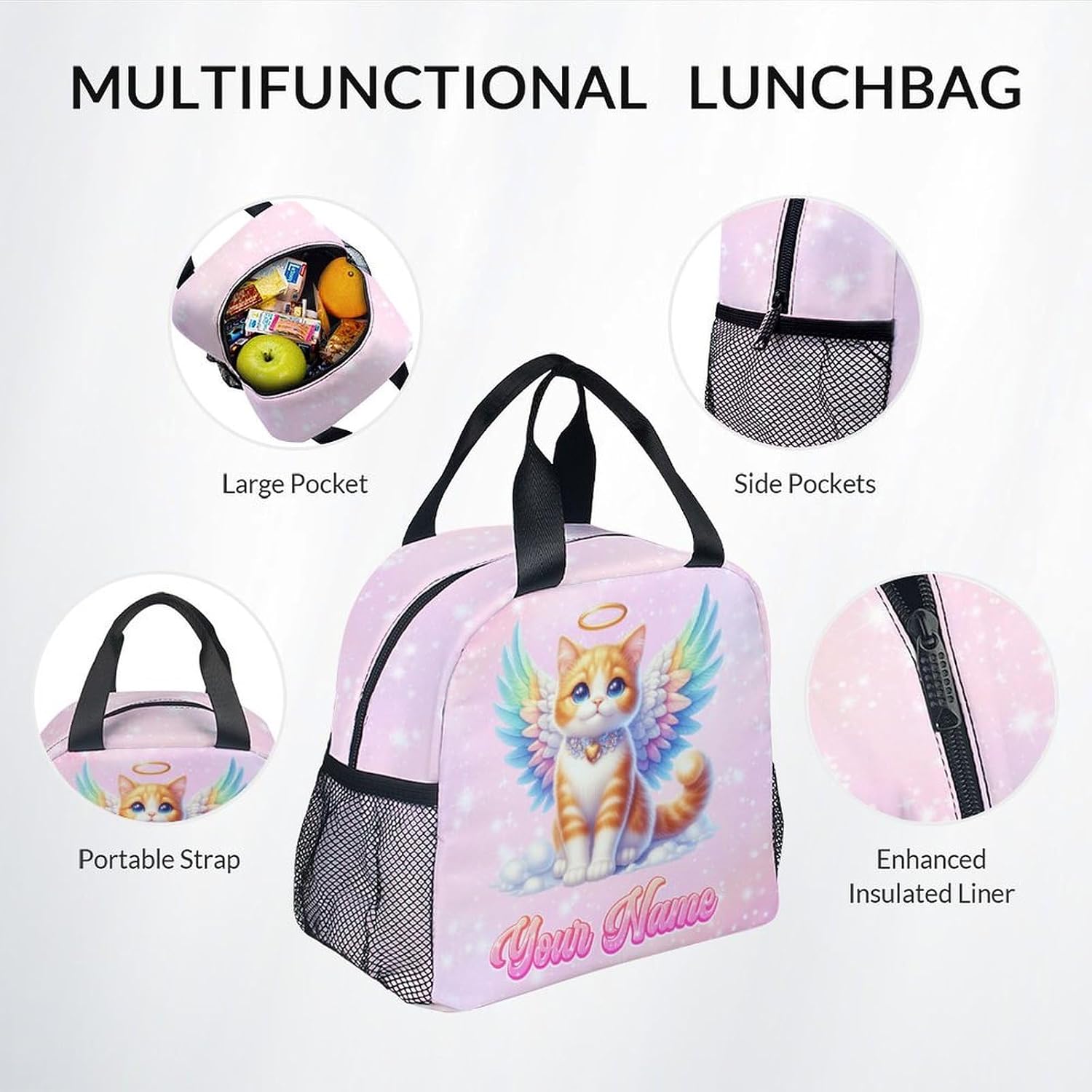 Backpack and Lunch Box for Girls - 17 Inch Custom Cats Bookbag Set for Kids - Personalized Cute 3 in 1 School Bag for Primary Middle