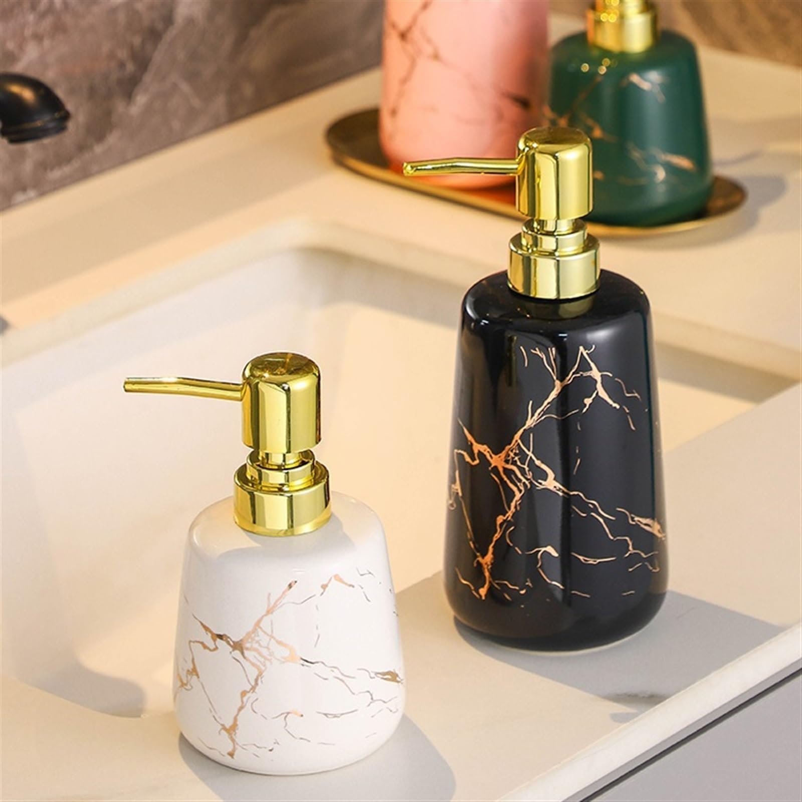 Dispensador de jabón cerámico con Textura de mármol y Bomba Dorada, dispensador de líquido Recargable para Cocina y baño (Verde L)