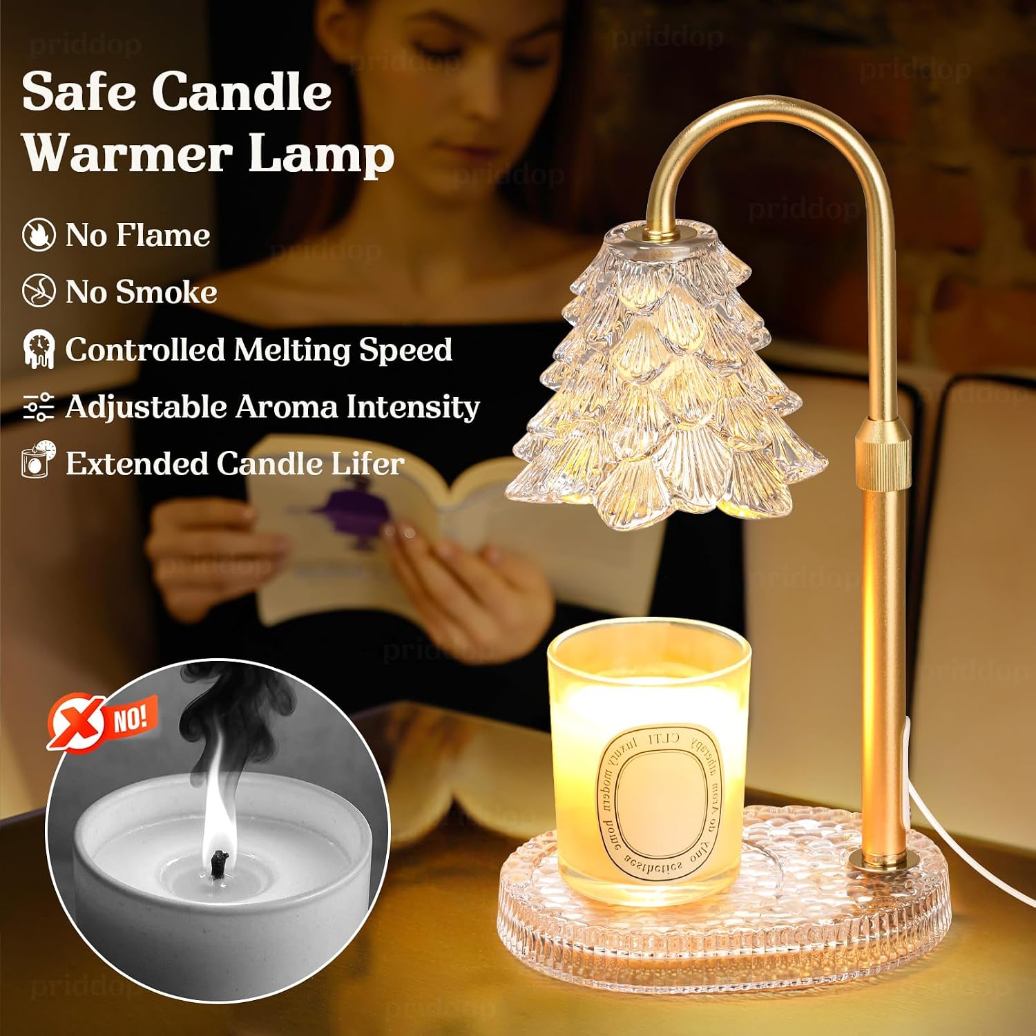 Priddop Candle Warmer Lamp House Warming Gifts New Home Decor, Christmas Tree Lampshade Glass Base Wax Melt Warmer for Jar Candles with Timer Dimmable Adjustable Height 2 Bulbs
