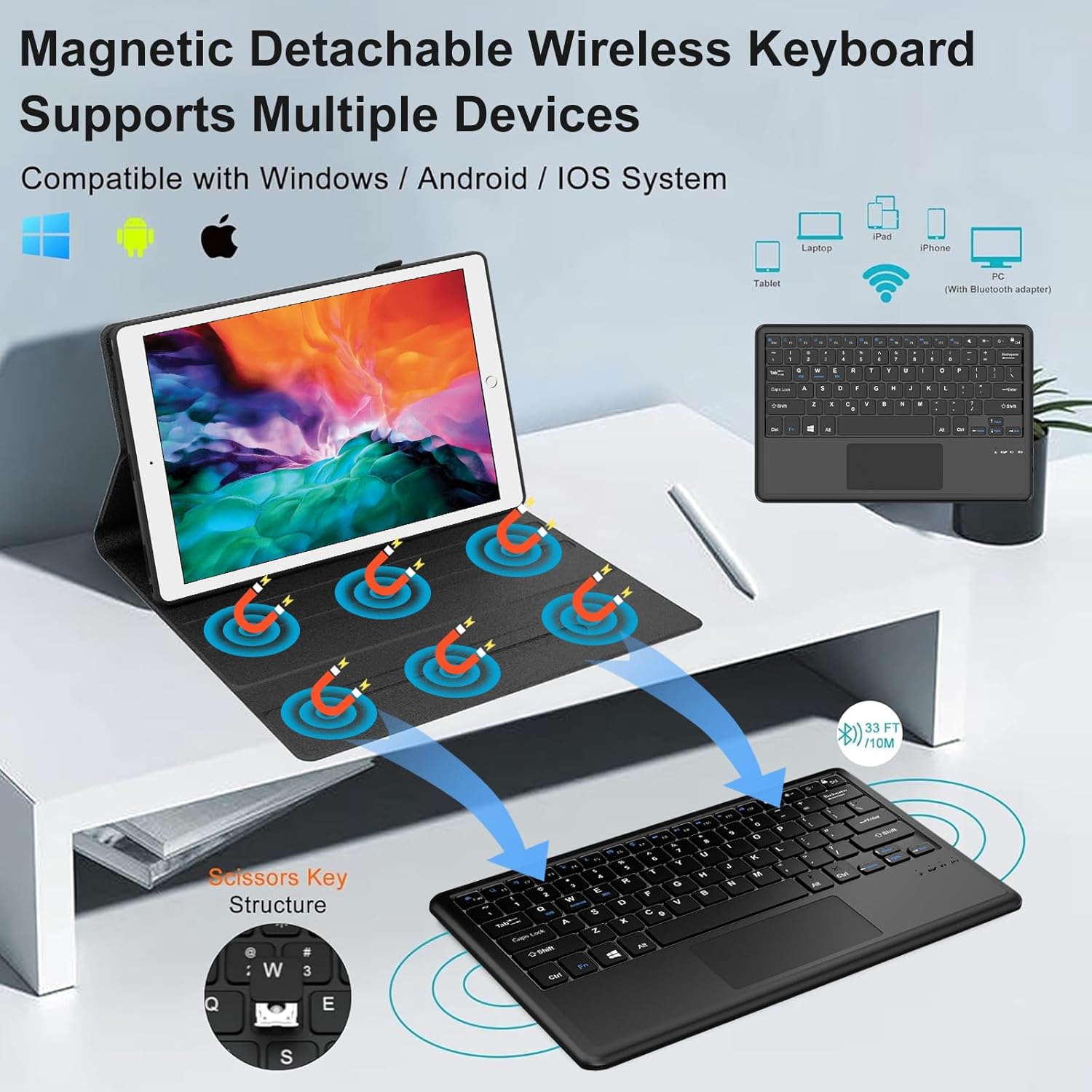 Keyboard Case for iPad Pro 12.9 inch (Old Model) 2015 1st / 2017 2nd Gen, Magnetically Detachable Wireless Keyboard Multi-Touch Trackpad, Folio Smart Leather Case with Pencil Holder for iPad Pro 12.9” - Image 4