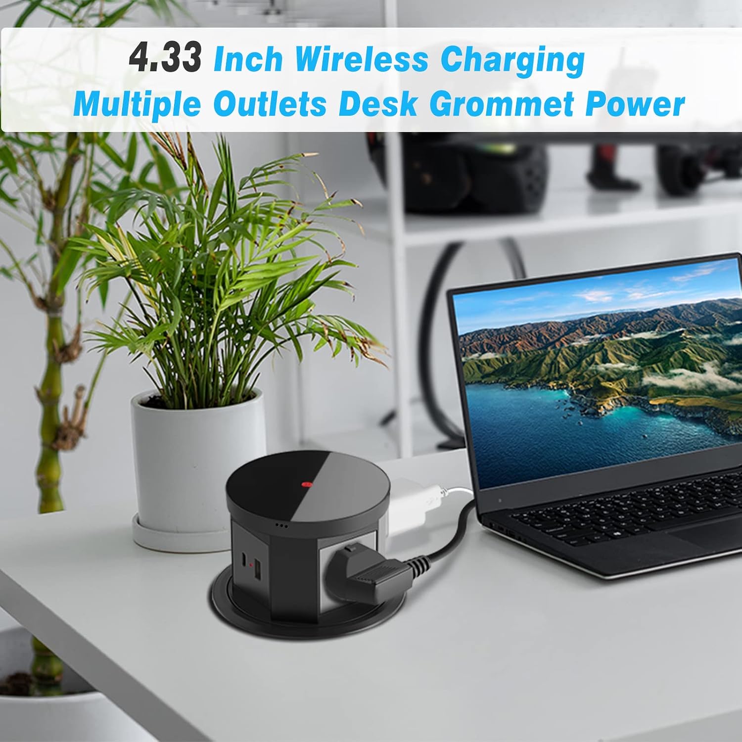 Automatic Pop Up Outlet, 4.33 inch Pop Up Outlet for Countertop with 15W Wireless Charger 3 AC Plug 1 USB-A 1 USB-C Hidden Outlet 5 FT Cord for for Kitchen/Home/Office