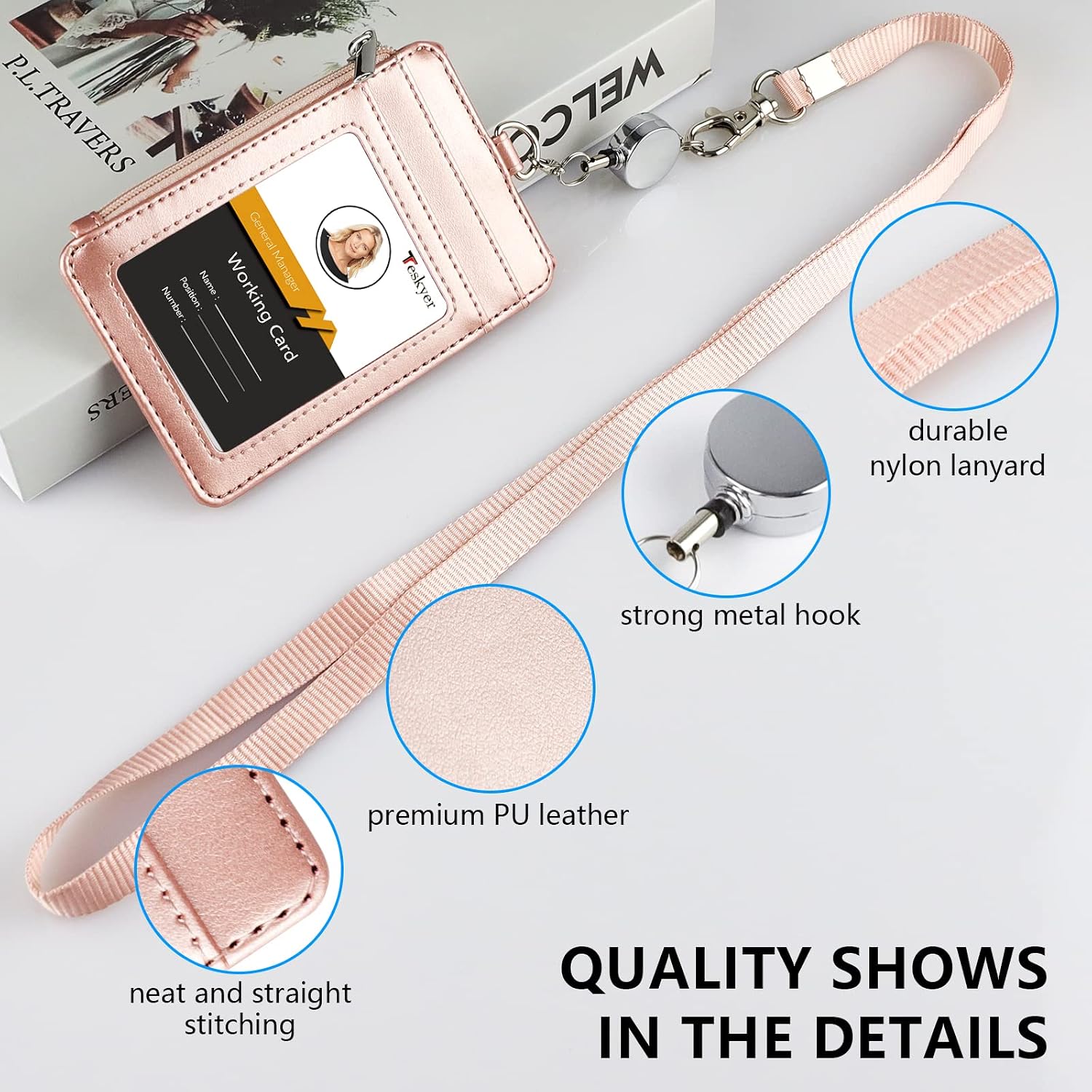 Teskyer ID Badge Holder with Retractable Lanyard, 4 Card Slots, Premium PU Leather ID Card Holder with Zipper Pocket, Easy Swipe ID Holder for Work ID, School ID, Metro Card and Access Card