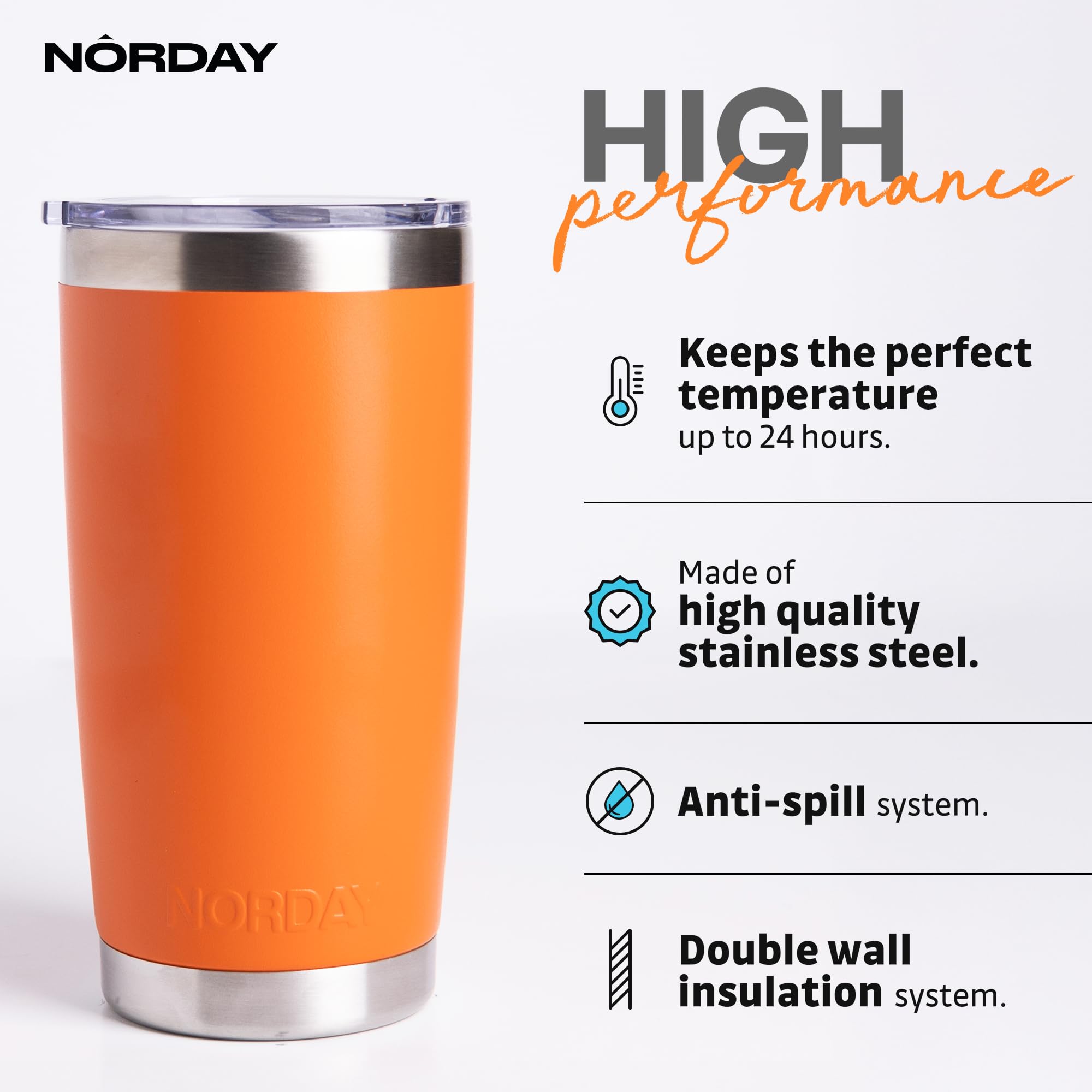 NORDAY Tasse mit Deckel, vakuumisoliert, Reisebecher, Edelstahlbecher, doppelwandiger Kaffeebecher, hält Temperatur bis zu 24 Stunden, auslaufsicher, Orange