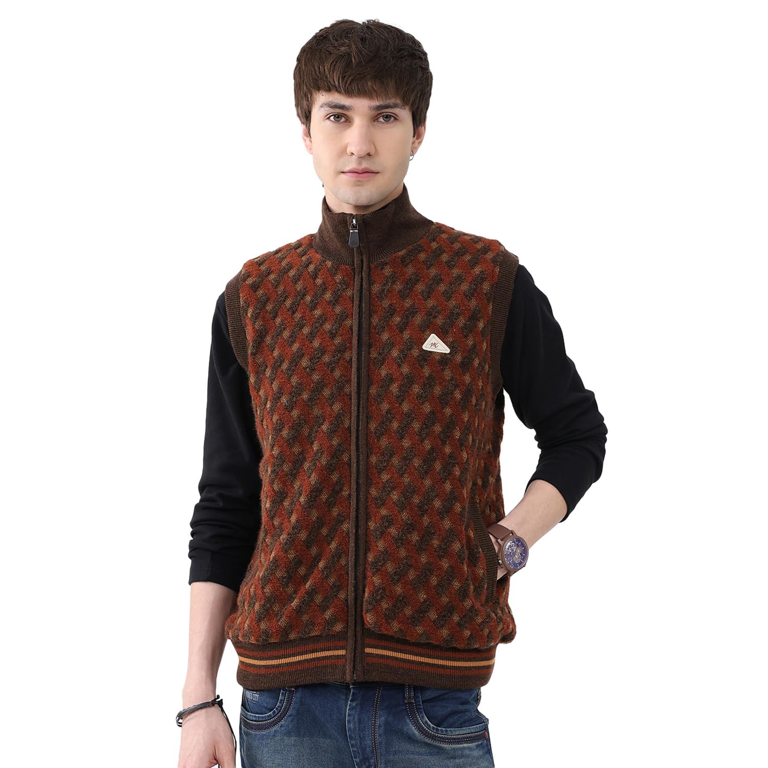 Men’s Regular Fit Sleeveless Jacket | Mock Neck | Self Design | Zip Closure | Stylish Winter Outerwear | Cozy Layering Vest for Casual & Outdoor Wear-image-14