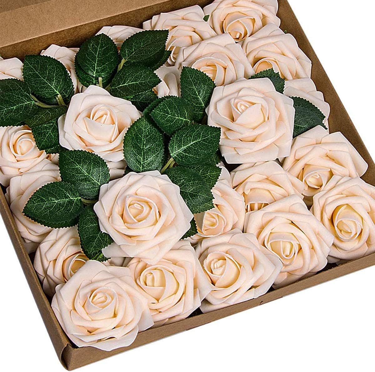 Artificial Flowers Realistic Fake Foam Roses w/Stem for DIY Wedding Bouquets Decorations Baby Shower Party Home and Christmas Tree (50 Pcs, Champagne)