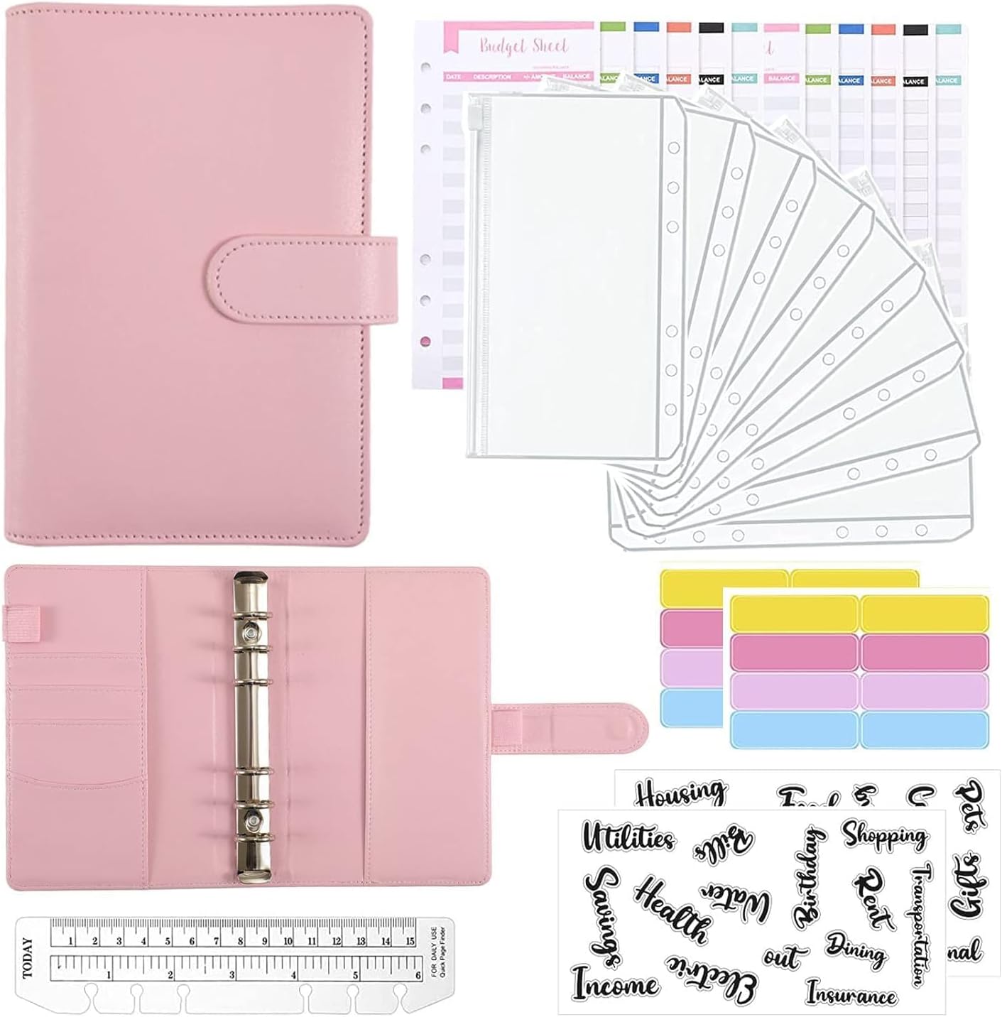A6 Binder Budget Notebook, File Folder Ring Binder Set, 12 Loose Leaf Bags, 6 Ring Binder Cash Budget Envelopes, Money Organizer, Pink