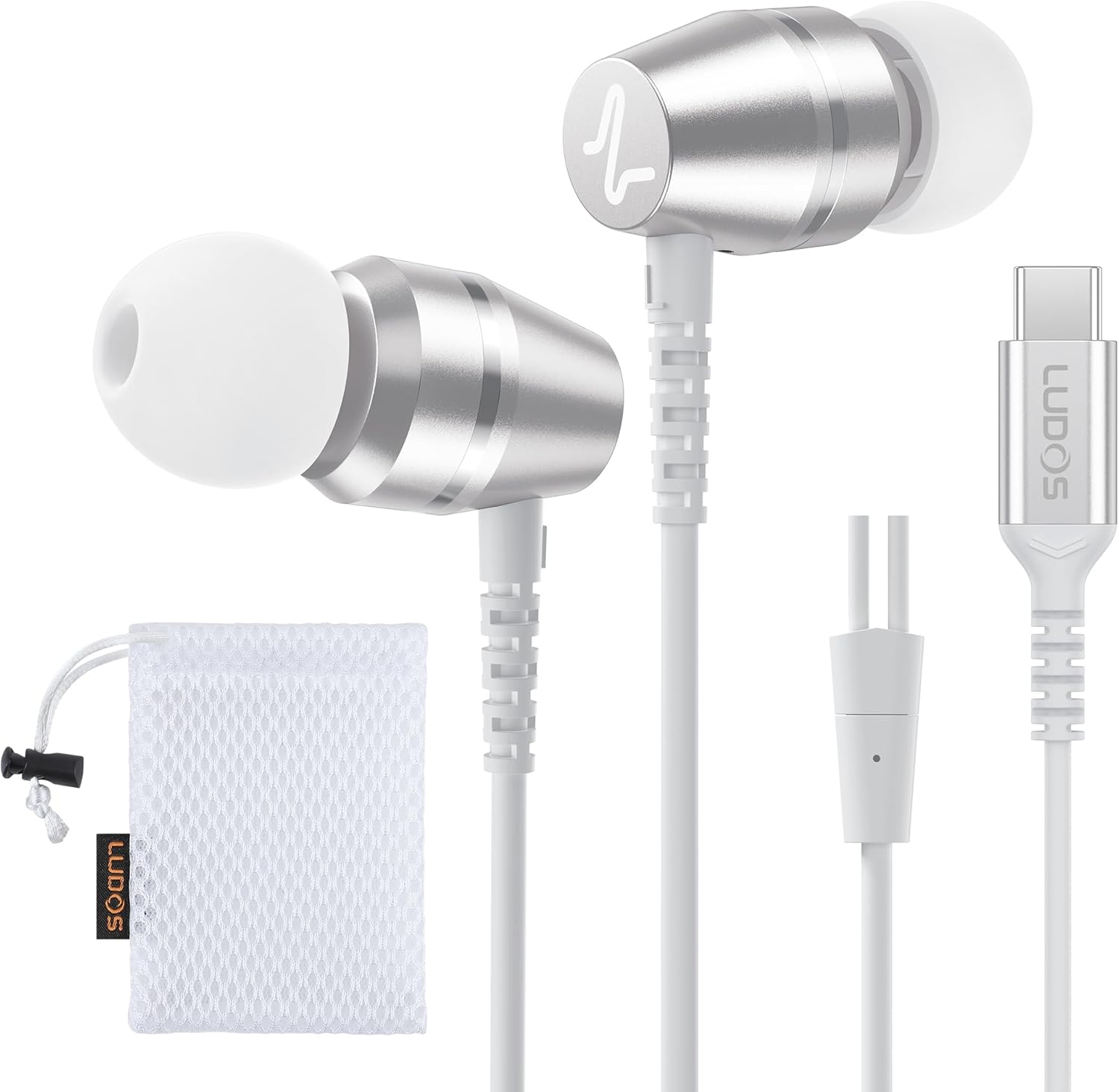 Ludos Omnitone USB-C Headphones for iPhone 15/16 Pro Max Plus, iPad Pro, Samsung Galaxy S20/S21/S22/S23/S24 - White