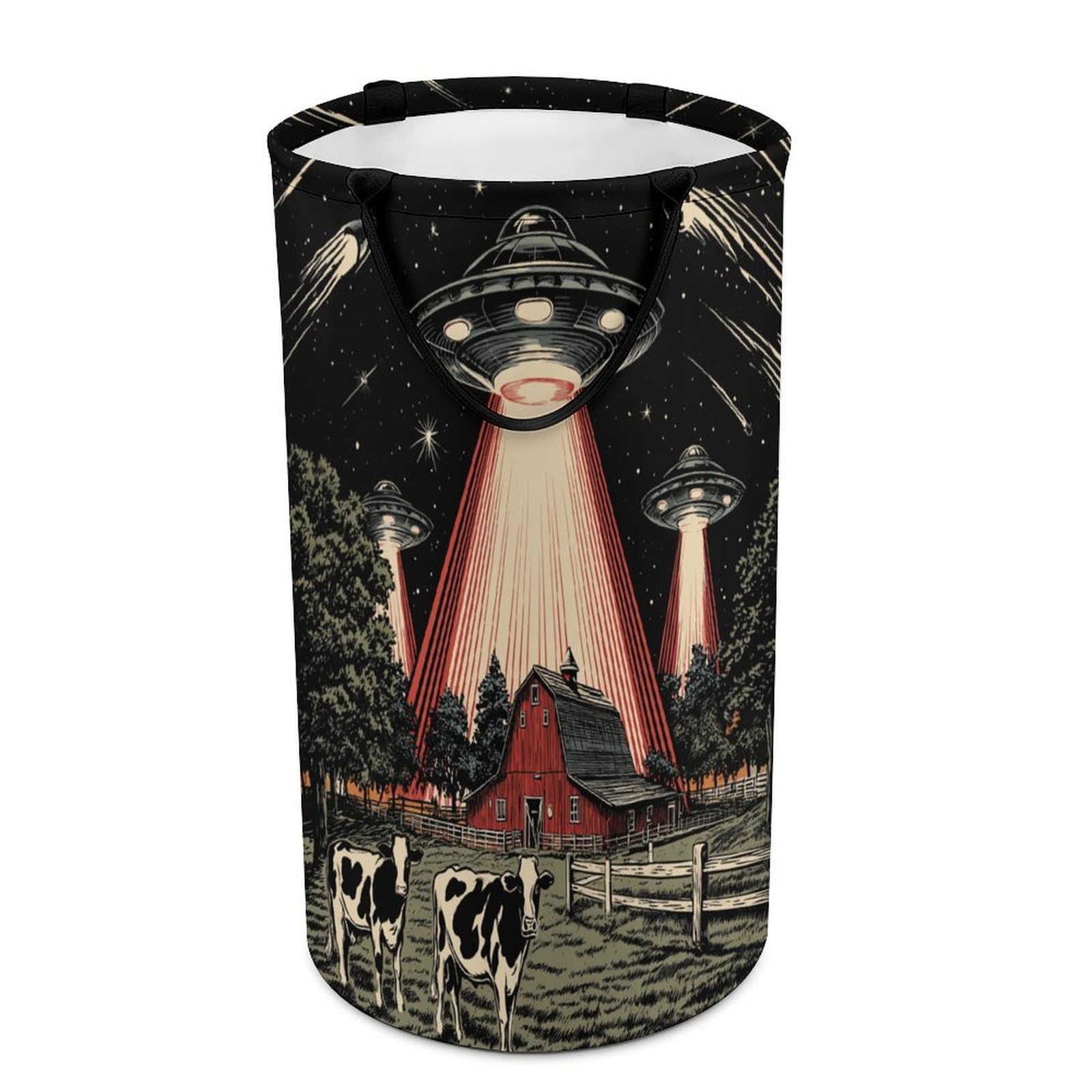 LUYYSKY Modern Rustic Farmhouse UFO Versatile Storage Laundry Basket, Classic Western Farm Log Cabin Barn Animal Cow Large Bathroom Laundry Hamper With Handle-40 CM Dia, 69 CM High