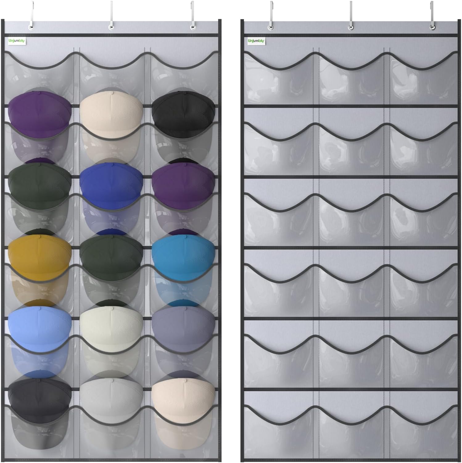 Unjumbly Baseball Hat Rack, Hat Organizer with 18 Pockets, Over the door Hat Rack with 3 Door Hooks, Clear Deep Pockets to Display Baseball Caps Collection, Fit 3/8" and 1 3/4" Door Width, Grey