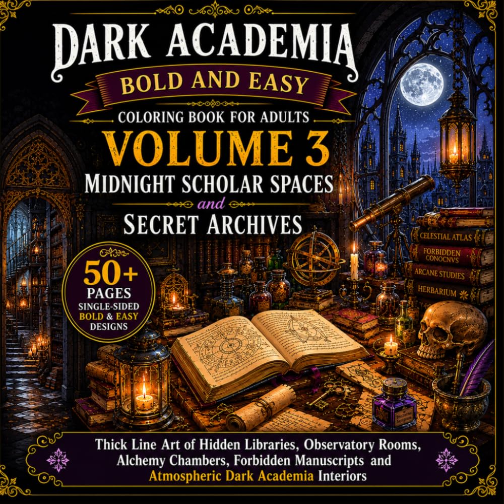 Dark Academia Bold and Easy Coloring Book for Adults Volume 3 - Midnight Scholar Spaces and Secret Archives: Thick Line Art of Hidden Libraries, ... Manuscripts, and Atmospheric Gothic Interiors