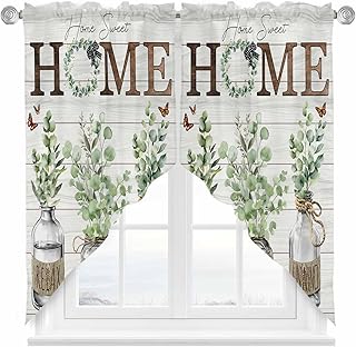 Eucalyptus Leaves Swag Valances for Windows, Kitchen Window Curtains Over Sink, Farmhouse Botanical Plants Wooden Grain Window Treatment Curtains for Living Room/Bedroom 2 Panel Sets 36"x45"
