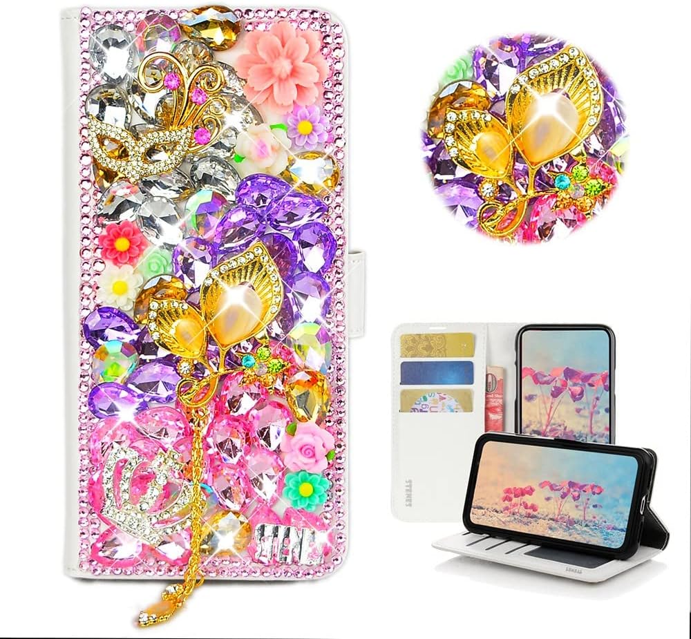 STENES Bling Wallet Phone Case Compatible with Samsung Galaxy Z Fold 5 5G Case - Stylish - 3D Handmade Girls Mirror Peacock Pendant Flower Magnetic Wallet Stand Girls Women Leather Cover - Pink