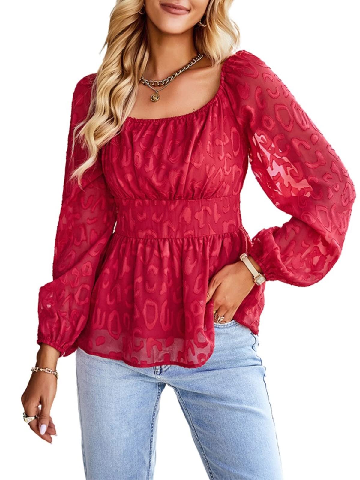 FEIYOUNGWomens Summer Square Neck Tops Long Sleeve Smocked Chiffon Floral Blouse