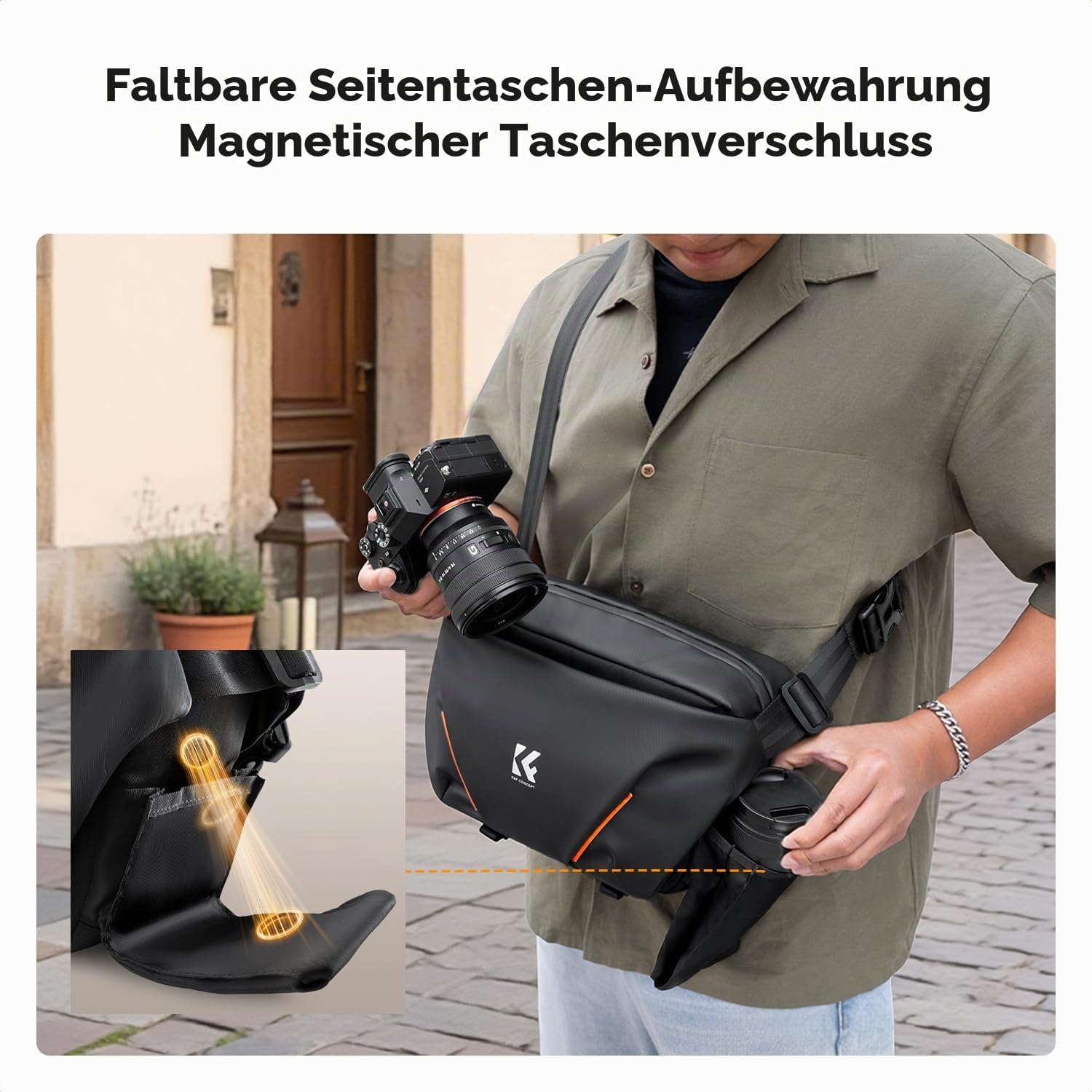 K&F CONCEPT Kameratasche, Fototasche mit halb offener Fronttasche | Schultertasche Kompatibel mit Kameras und Objektiven, Umhängetasche für SLR spiegellose Kamera, Schwarz