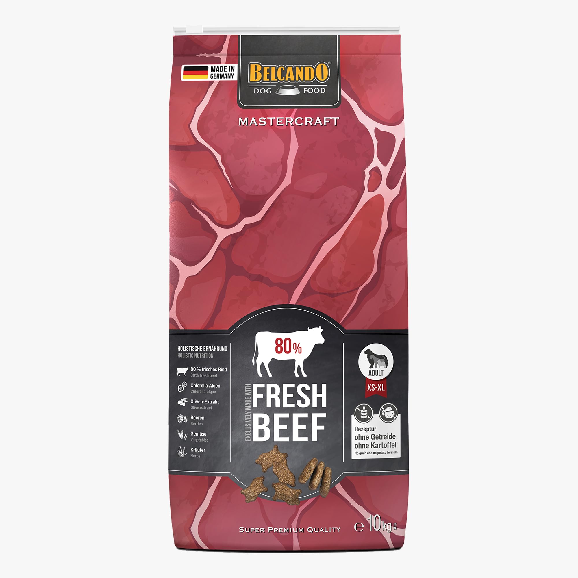 BELCANDO MASTERCRAFT sucha karma dla psów Fresh Beef, 10 kg, sucha karma dla psów z wołowiną, 80% świeżego mięsa, bez zbóż, dla wszystkich ras, Made in Germany