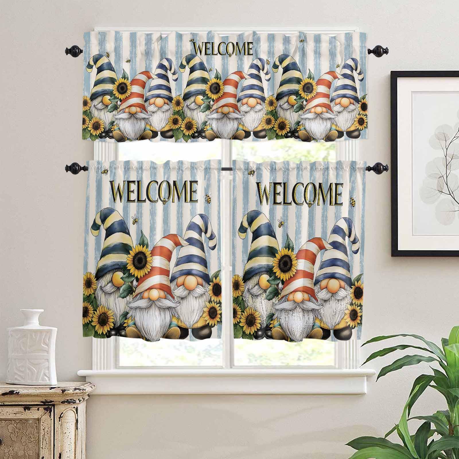 Sunflower Gnomes Kitchen Curtains 36 Inch Length,3 Piece Rod Pocket Small Half Tiers and Valance Set,Farmhouse Striped Bee Yellow Summer Flower Small Large Window Treatment Decor for Bedroom/Bathroom