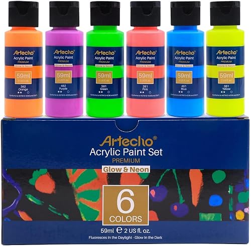 Artecho Neon and Glow in the Dark Paint - Set of 6 Colours, 60ml Acrylic Paints