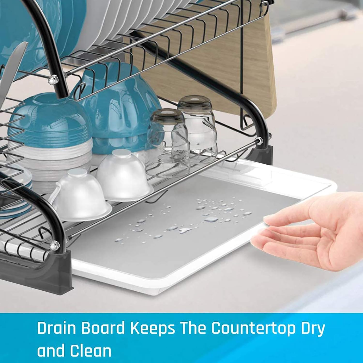 Dish Rack, Cambond 2 Tier Dish Drying Rack with Drain Board, Utensil Holder Cutting Board Holder, Rustproof Dish Drainer for Kitchen Countertop, Black