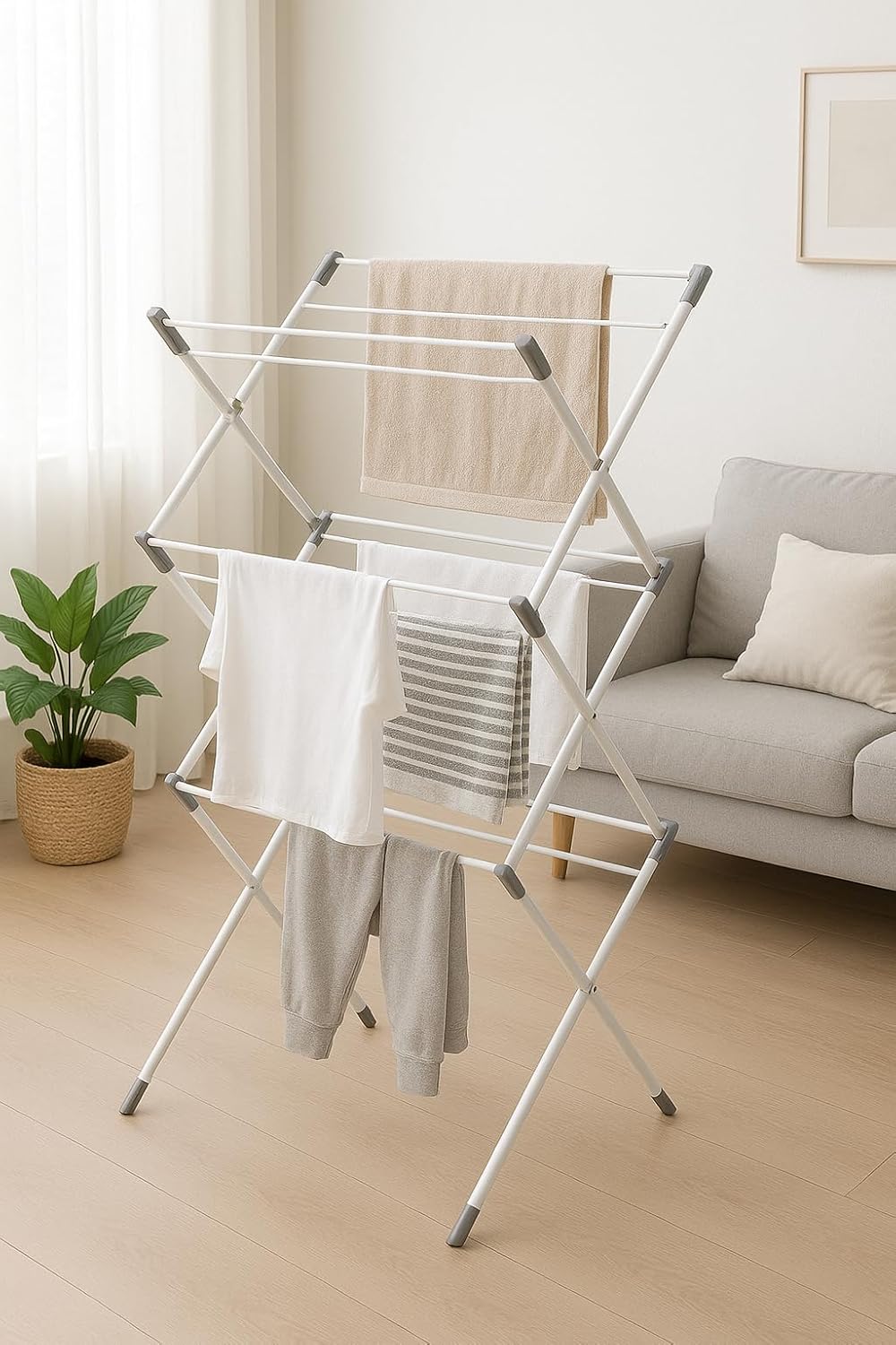 3-Layer Folding Clothes Drying Rack | Portable Stretchable Laundry Stand | Foldable Vertical Drying Hanger for Indoor & Outdoor Use | Space-Saving Clothes Dryer Stand (White)
