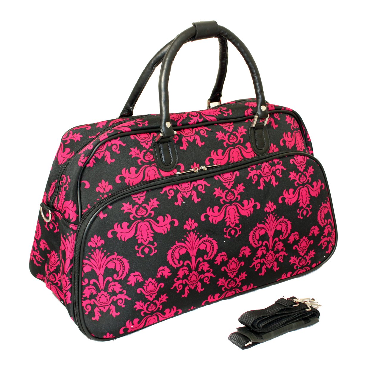 World Traveler 21-Inch Carry-On Shoulder Tote Duffel Bag, Black Pink Damask, One Size