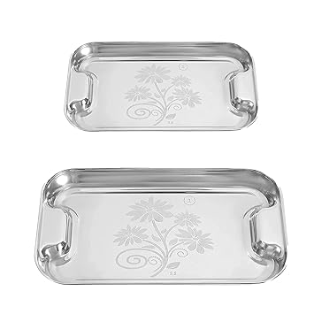 Elegant Stainless Steel Tray Combo Set with Laser Print Design | Designer Steel Serving Tray Lemon Platter Serving Dish Pack of 2