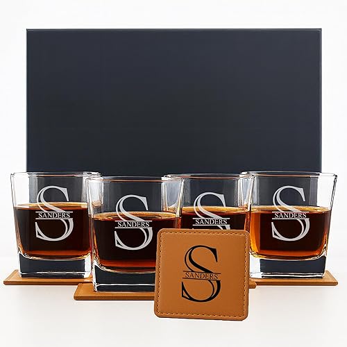 Miniatura 5 de Vasos de whisky personalizados para hombres - Caja de whisky escocés premium grabada, regalo para marido, papá, novio - Regalos de bar