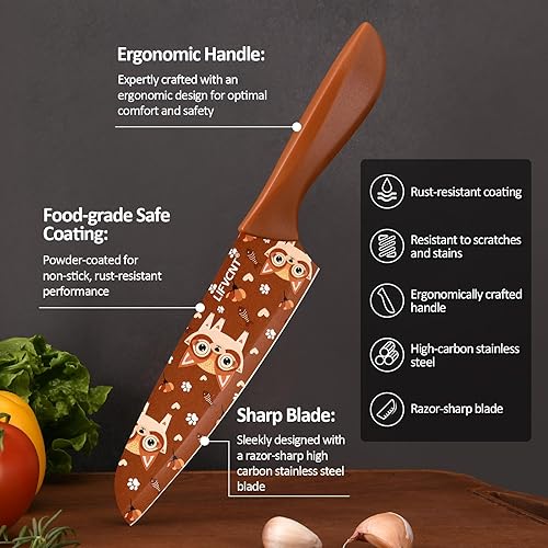 Miniatura 4 de JunJing LIFVCNT Juego de cuchillos de cocina con revestimiento de color, juego de cuchillos de acero inoxidable antioxidante multicolor para mujer