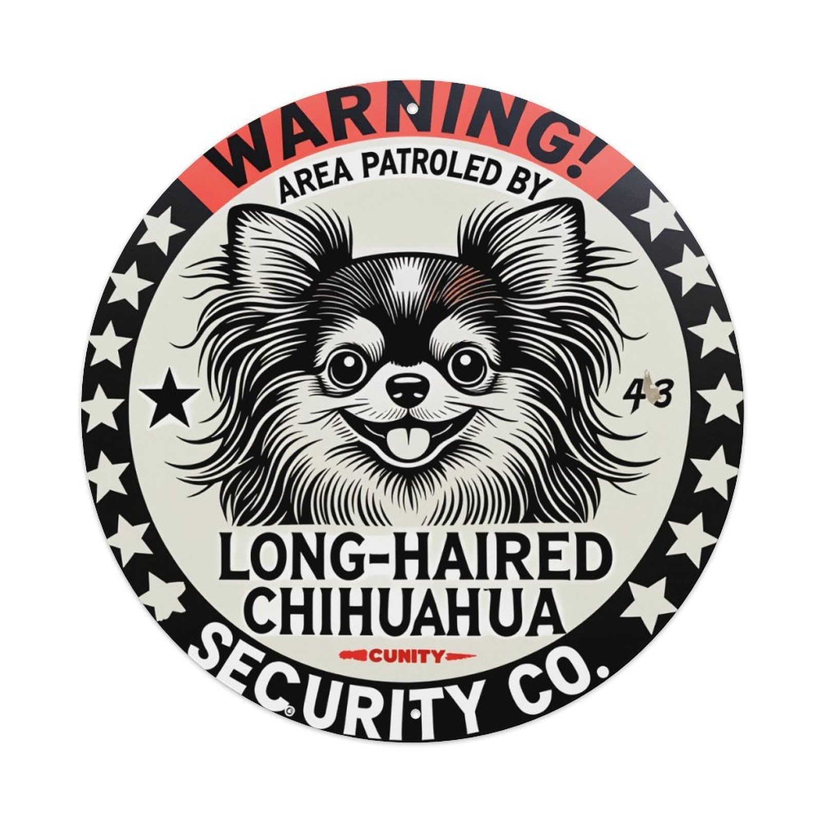 Warning Area Patrolled By Long Haired Chihuahua Security Co Round Tin Sign Retro Metal Sign for Cafe Bar Pub Home Game Room Gym Club Wall Decoration Vintage Metal Poster 8x8 Inch