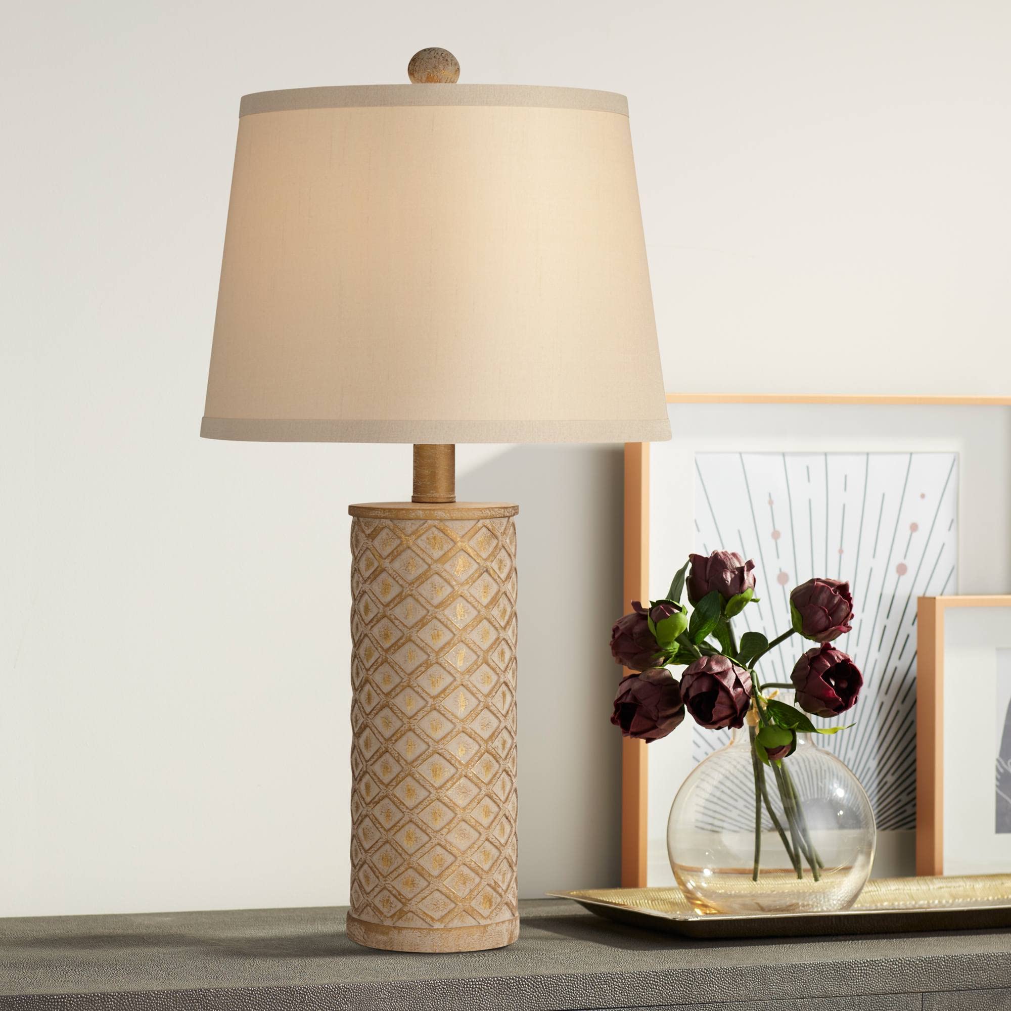 360 Lighting Gisele Country Cottage Style Table Lamp 24" High Gold Wash Lattice Column Tapered Drum Shade Decor for Living Room Bedroom House Bedside Nightstand Home Office Entryway Reading