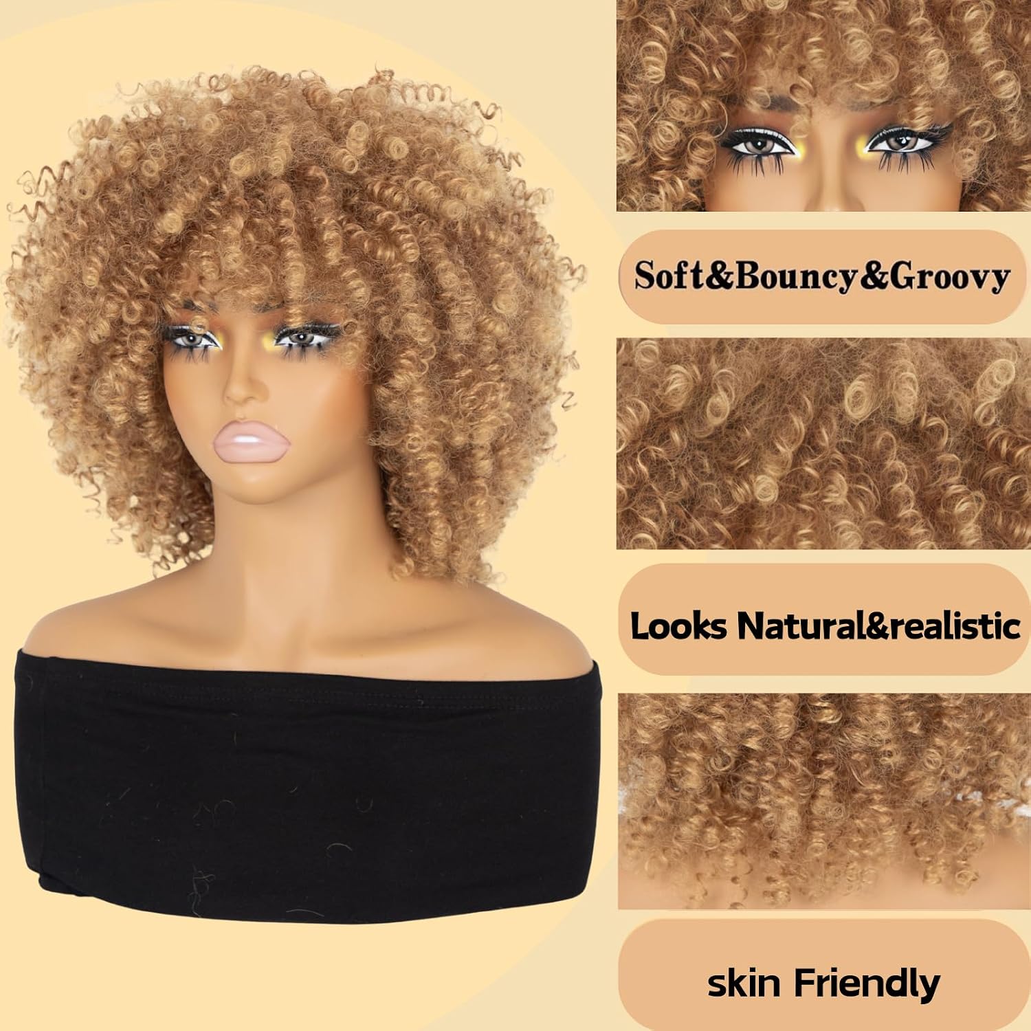 Afro Curly Wig with Bangs 12 Inches Synthetic Afro Wig for Black Women Natural Glueless Heat Resistant Short Kinky Curly Wigs for Daily Party（12inch 27T30#）