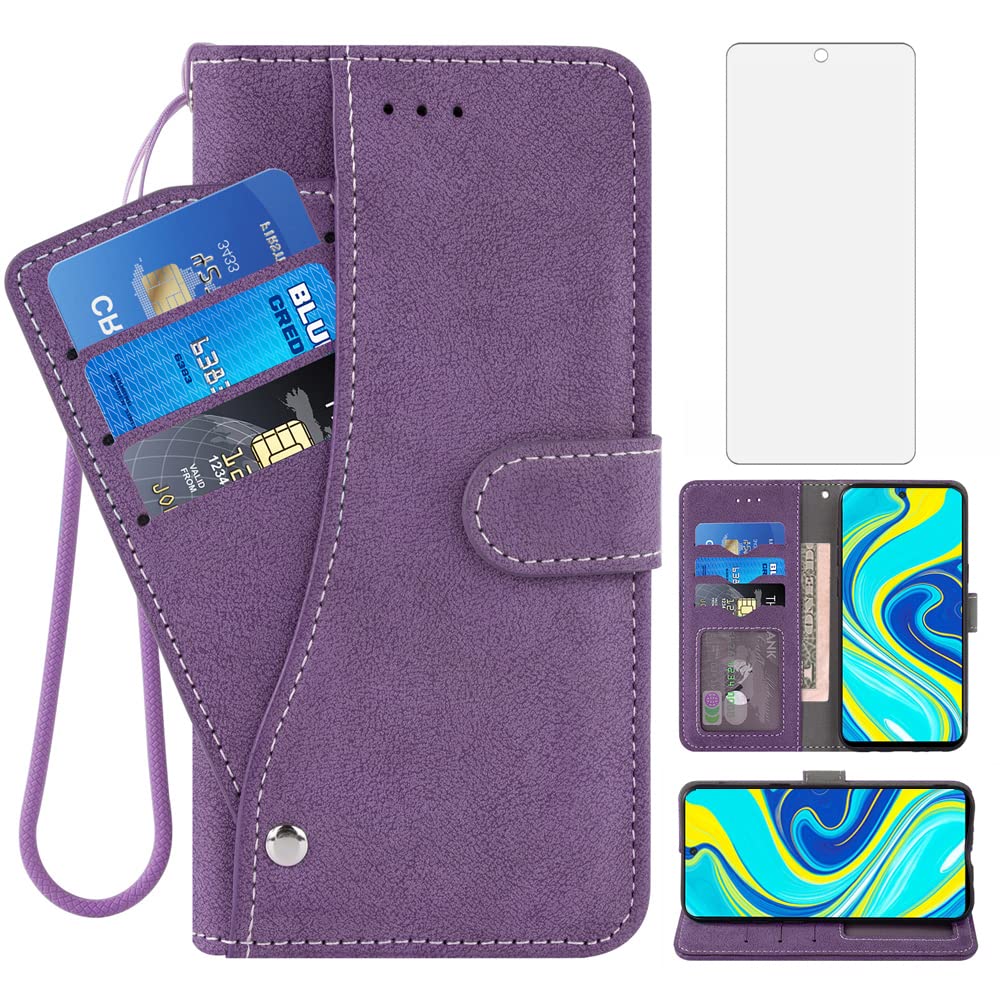Asuwish Compatible with Xiaomi Redmi Note 9 Pro/Note9 Pro Max Wallet Case and Tempered Glass Screen Protector Flip Card Holder Stand Cell Accessories Phone Cover for Redme Note9Pro 4G Women Men Purple