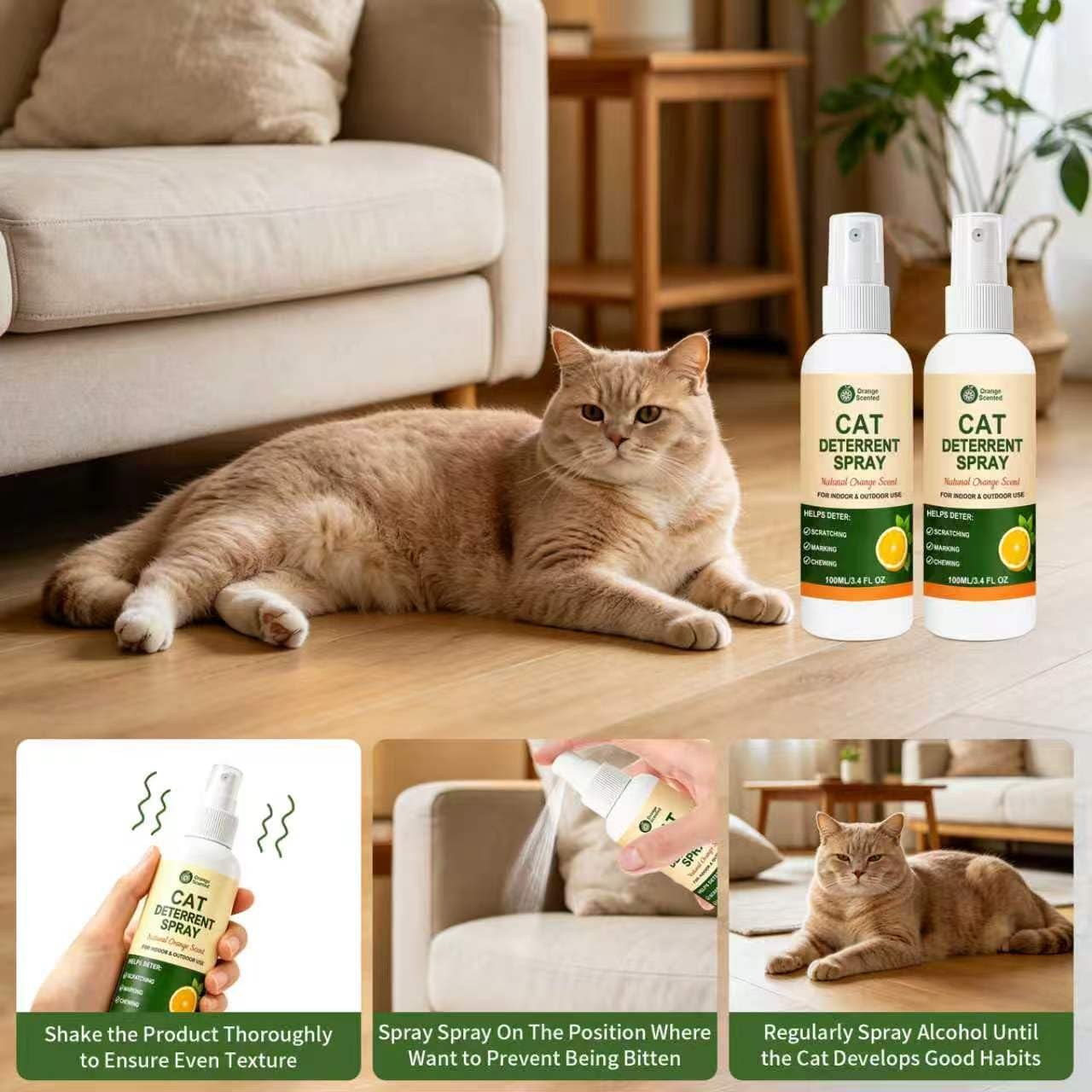 Cat Deterrent Spray for Furniture, Natural Cat Training Spray for Cats to Stop Scratching, Urine Marking & Chewing, Pet Safe for Indoor & Outdoor Use, Orange Scent, 2 Pack (3.4 Fl Oz Each)