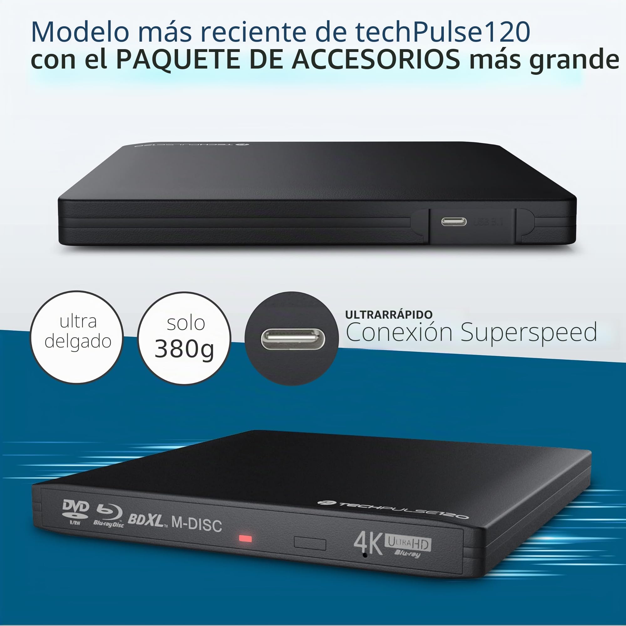 techPulse120 Grabadora de 4K UHD BLU-Ray Externa USB 3.1 USB-C Deluxe Paquete Reproductor Aluminio Negro